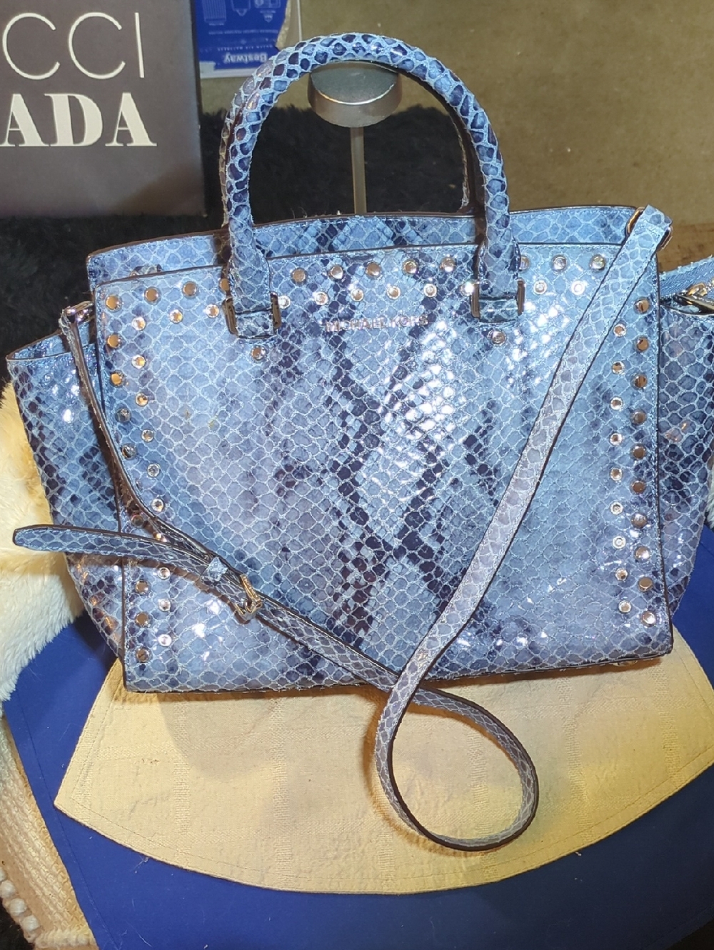 Michael Kors Blue Snake-Embossed Studded Satchel NOW ONLY $125